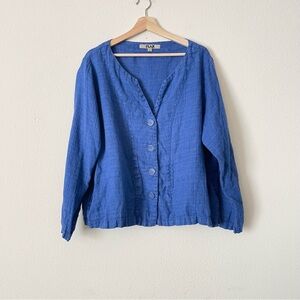 Flax LARGE 100% linen button down blouse in azure blue